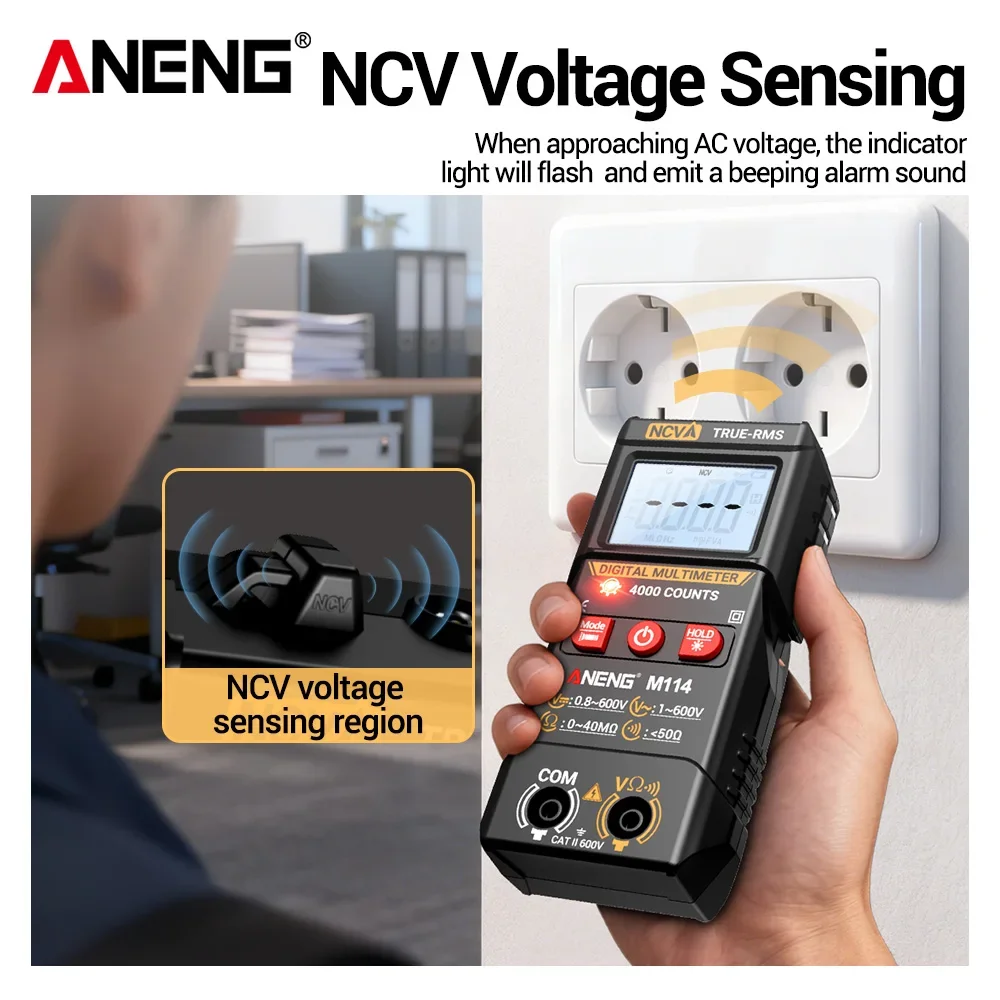 Mini Digital Multimeter 4000 Count DC/AC Voltage NCV Resistance Data Beep Ammeter Electrician/Household DIY ANENG M114 Test Tool