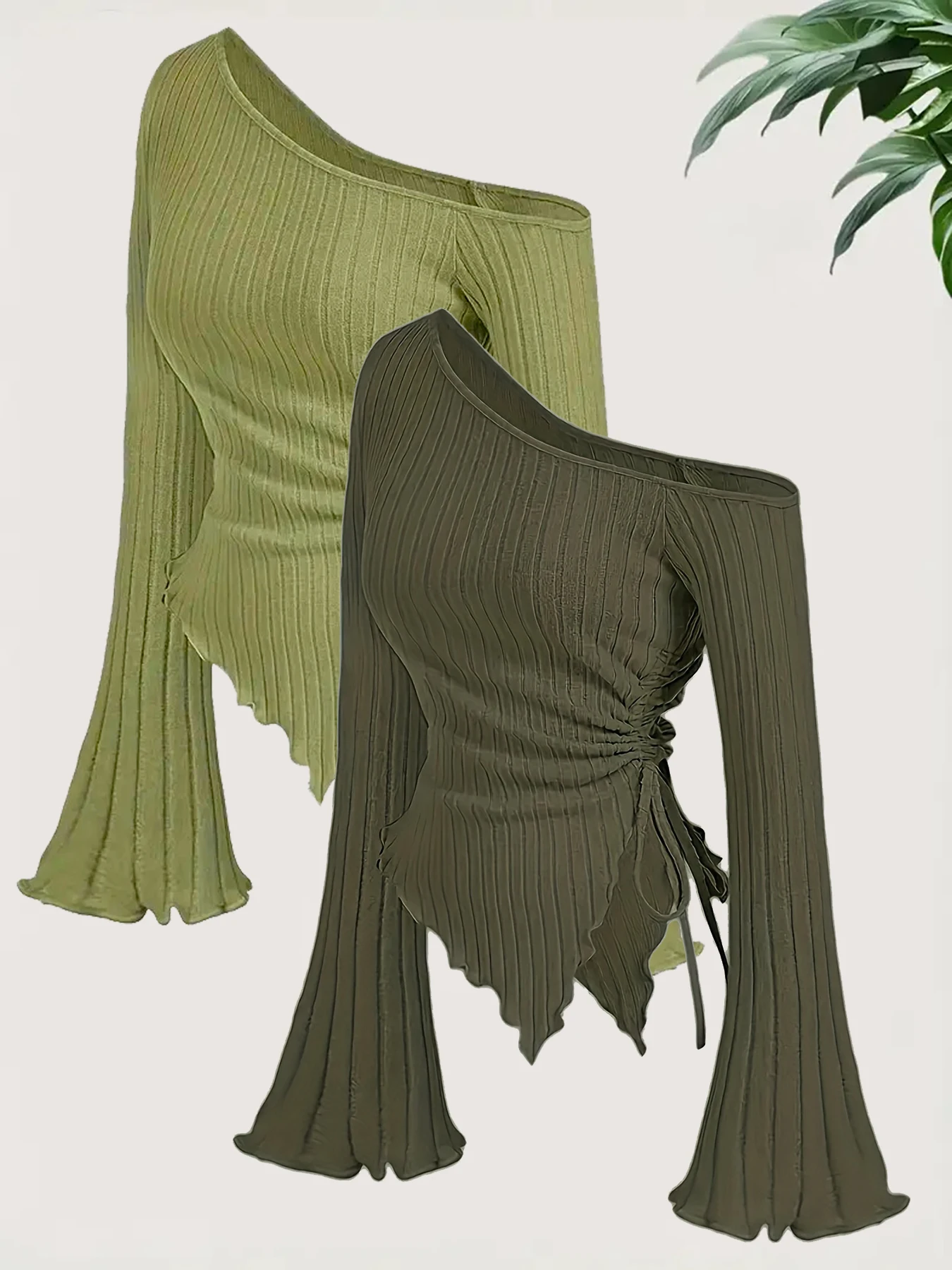 

Two-Piece Set New 2026 Women'S Fashion Solid Sexy Off Shoulder Slim Asymmetry T-Shirt Elegant Flare Sleeved T-Shirt Tops