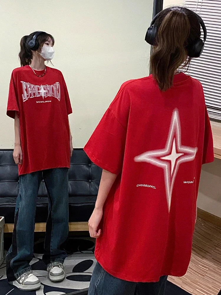 M-3XL Red Print Short Sleeve T-shirts Women Baggy Streetwear