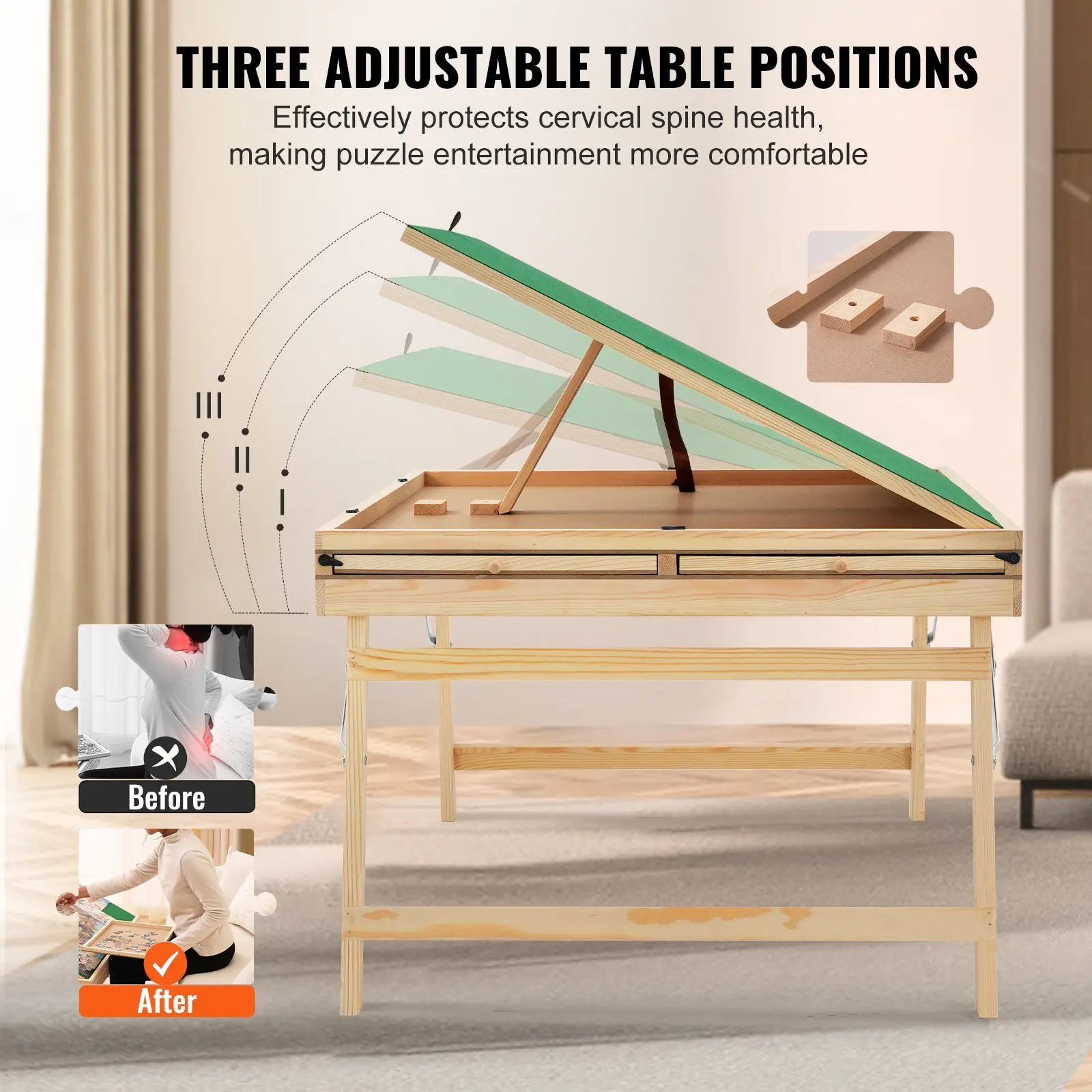 Table de puzzle en bois avec pieds pliants, plateau de puzzle réglable, 3 inclinaisons, 500 po x 32.7 po, 4 portes de proximité et couverture, 24.6 pièces