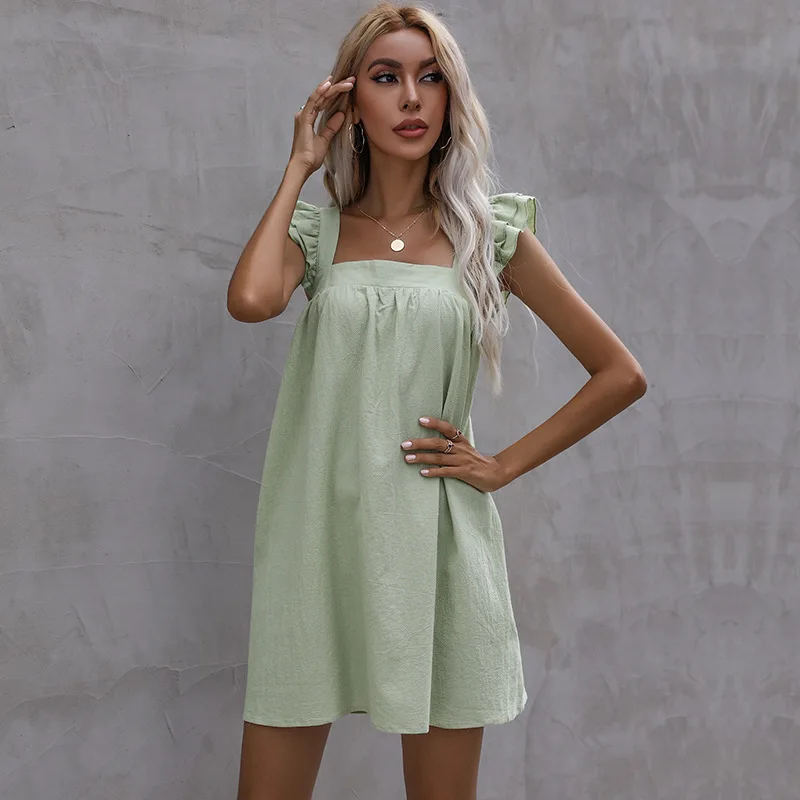 

Новое летнее свободное платье Babydoll с квадратным воротником и жилетом с открытой спиной