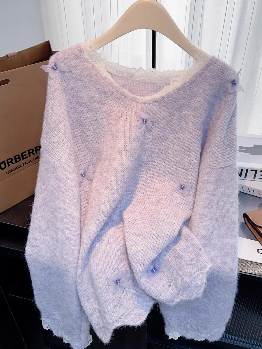 

Purple Lace V-ne Sweater Women's Autumn Winter Inner Wear Dopne Base irt Can Be Worn outside Pure Desire Lazy Large La...