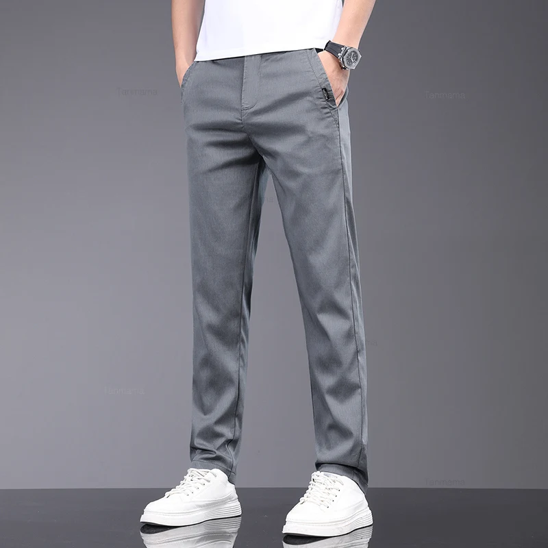 2024 Summer Ultra-thin Men's Lyocell Casual Pants Breathable Soft Ice Silk Elastic Straight Business Trousers Black Gray