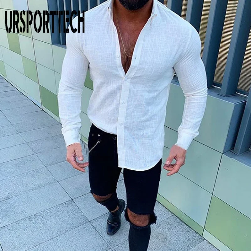 URSPORTTECH High Quality Shirt Men Casual Long Sleeve Button Lapels Men's Linen Shirt Spring Autumn Streetwear Camisa Masculina