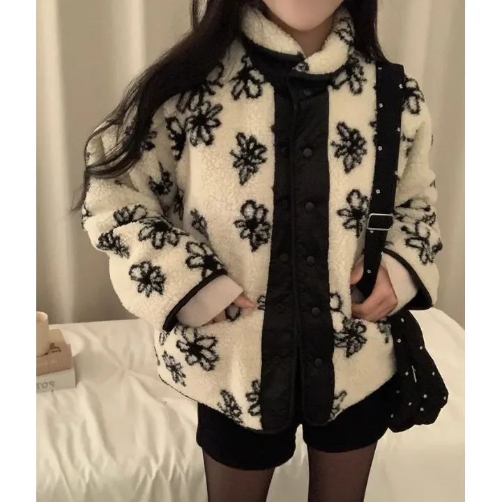 Women's Chic Lamb Fur Jaet Autumn Winter New Sle Printed Long Sve Double-Sided Wear Korean Version Fluffy Outerwear