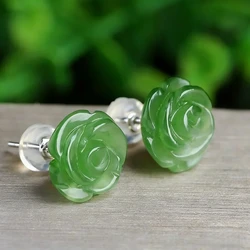 Green Natural Real Jade Rose Earrings Ear Studs Vintage Gemstone Jewelry Talismans Energy Amulet Luxury Gifts for Women Girl