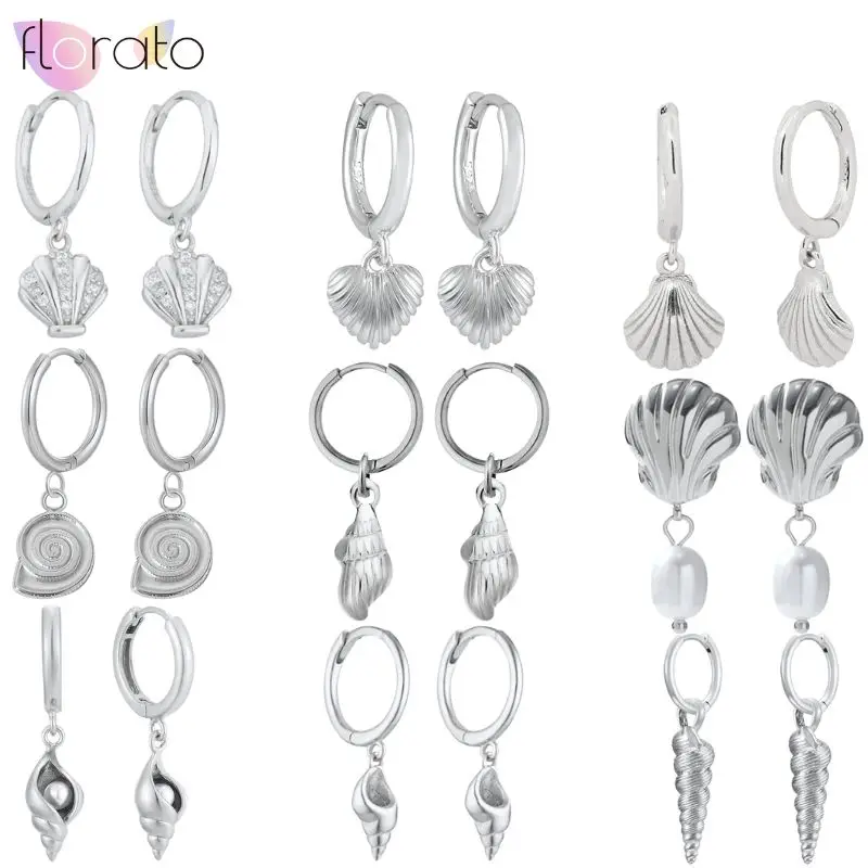 

925 Sterling Silver Needle Exquisite Cute Cozy Summer Geometric Design Sea Shells Women's Style Fashionable Versatile Jewelry