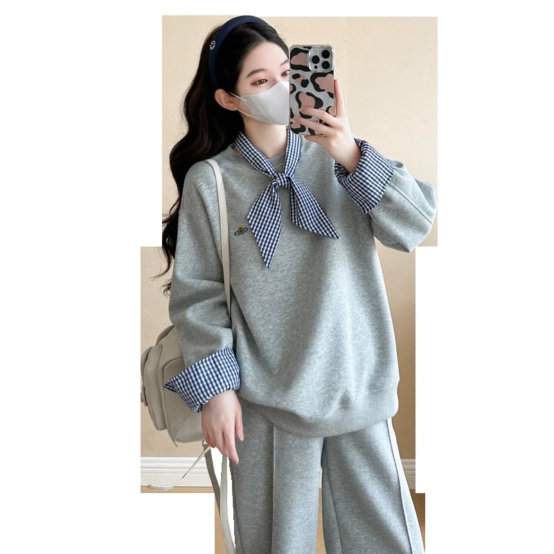 2025 ربيع الخريف مجموعة الأمومة المألوف المتضخم هوديي مع بنطال صالة العصرية حجم كبير الزي الحمل مريح