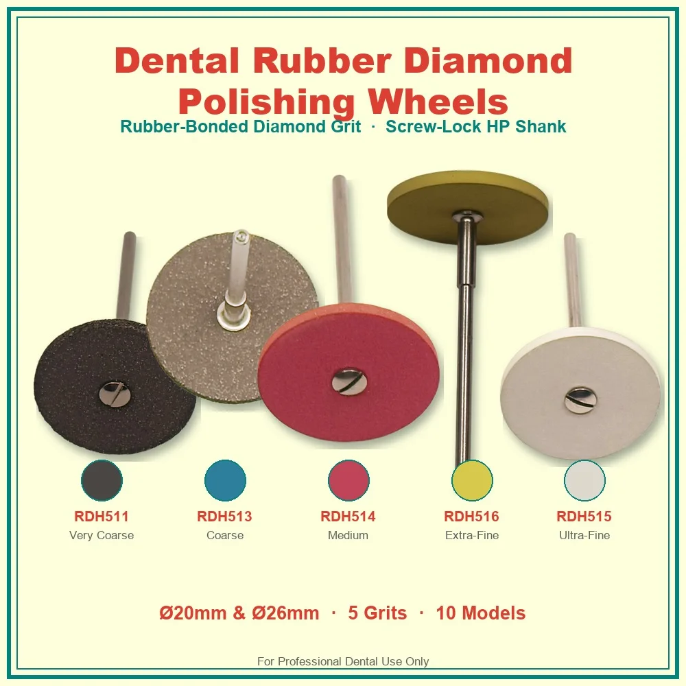 Dental Lab Rubber Base Polishing Wheel Set RDH Series Color Coded Diamond Grit Discs 5 Stages Zirconia Composite Metal Polisher