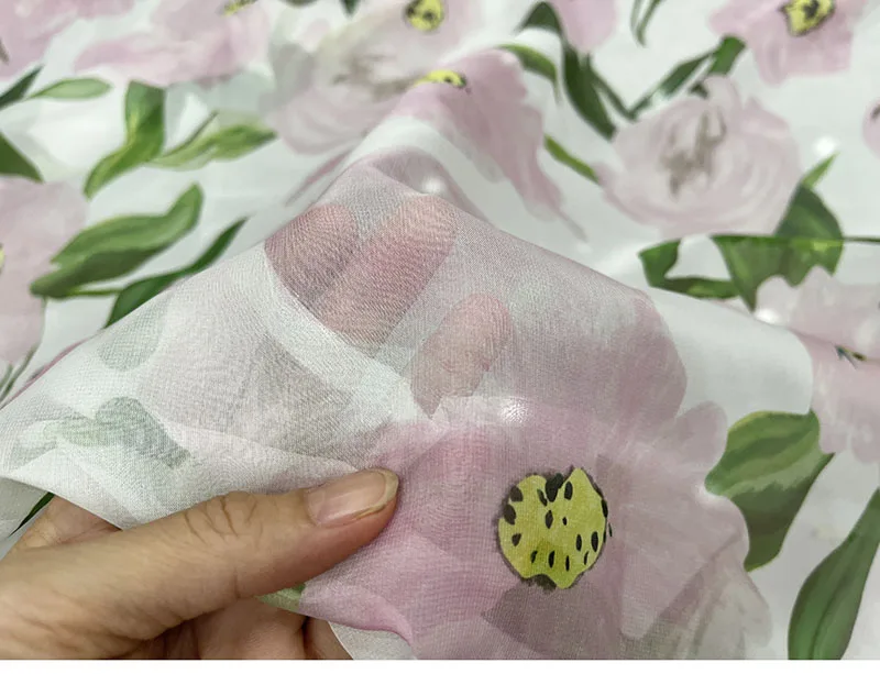 European And American Big Pink Flower Printed Thin Chiffon Fabric For Women Dress Blouse Handmade DIY Cloth Sewing