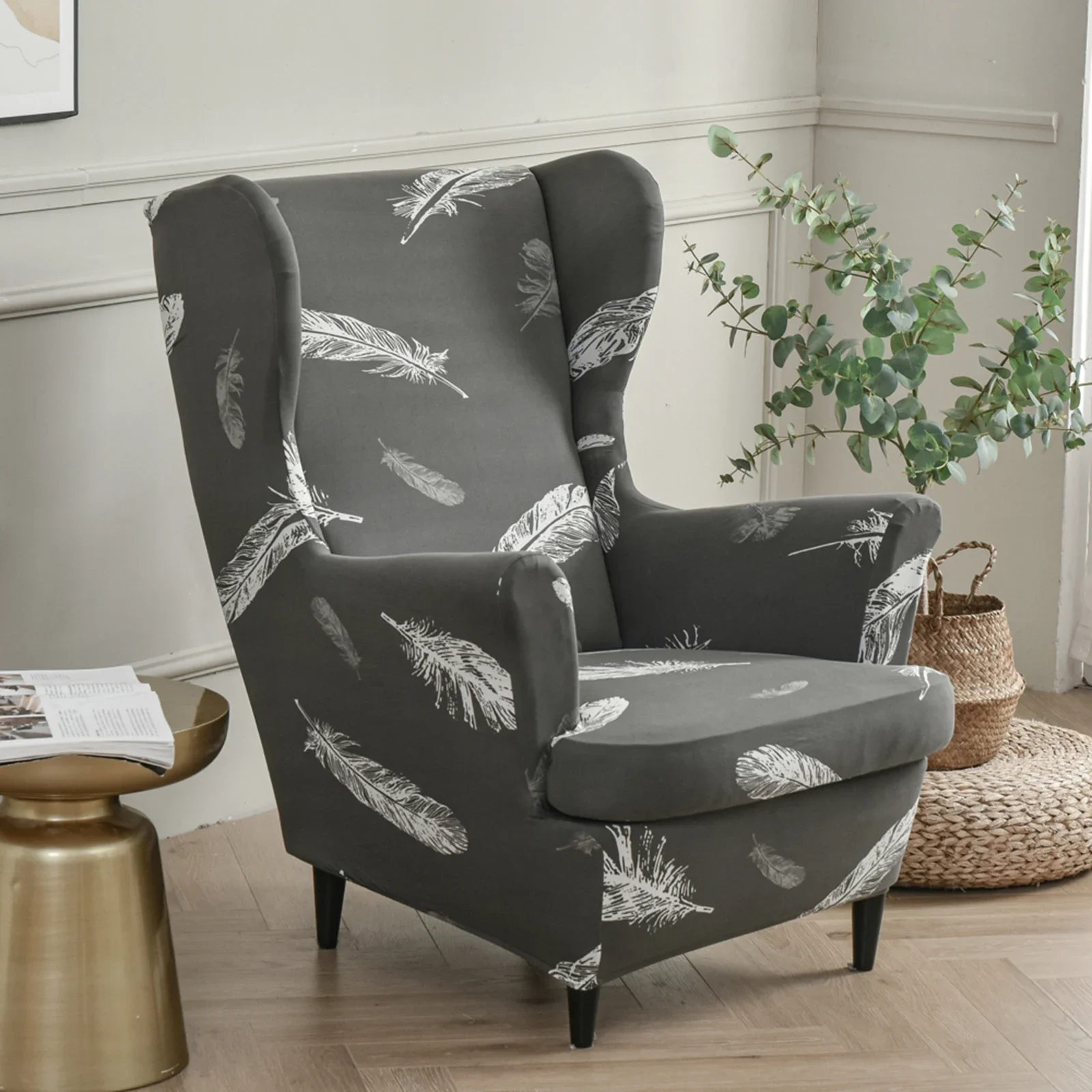 Printed Wing Chair Cover Wingback Stretch Spandex Armchair Covers Nordic Removable Relax Sofa Slipcovers With  Cushion Cover