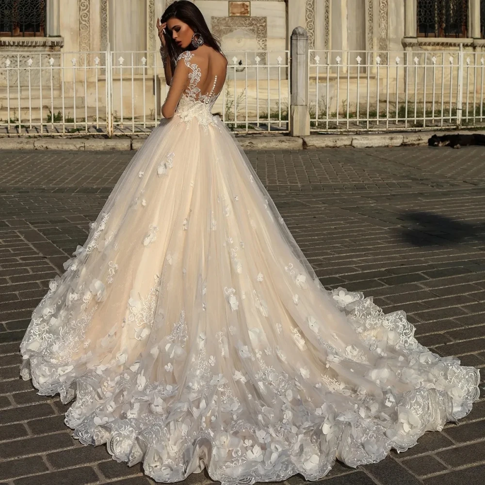 Robe de mariée en tulle avec appliques en dentelle florale, enchantement A-ligne, manches longues transparentes sexy, robe de patients en cristal, robe éducative, 2024