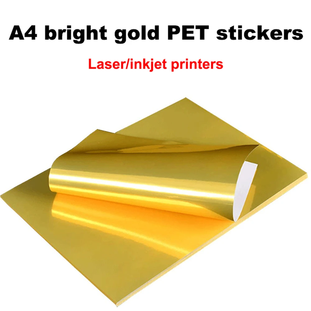 10PCS A4 Self-Adhesive Vinyl Sticker Paper for Inkjet Laser Printer Waterproof Bright Gold PET Laser Photographic Adhesive Paper