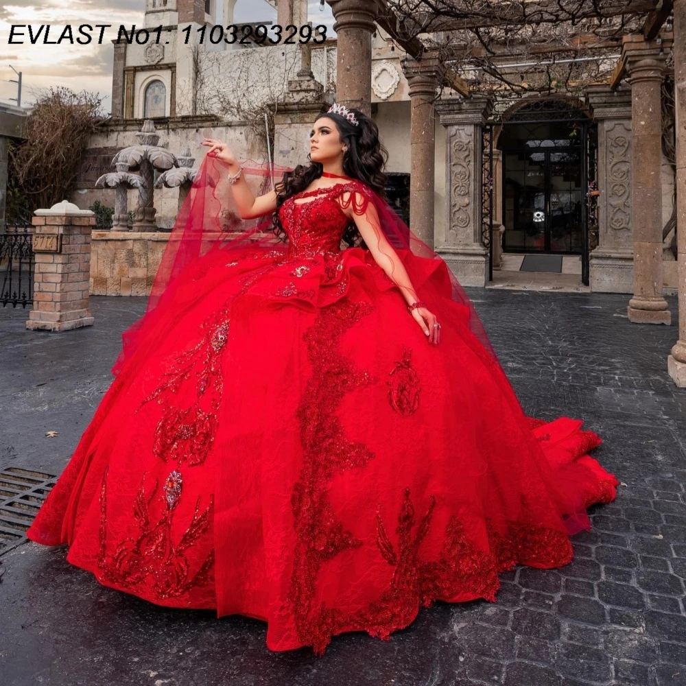

EVLAST Красное бальное платье по индивидуальному заказу 2025 года, платье Quinceanera, кружевная аппликация, бисер, оборки, многоуровневое сладкое платье 16, Vestidos De 15 Anos E1Q746