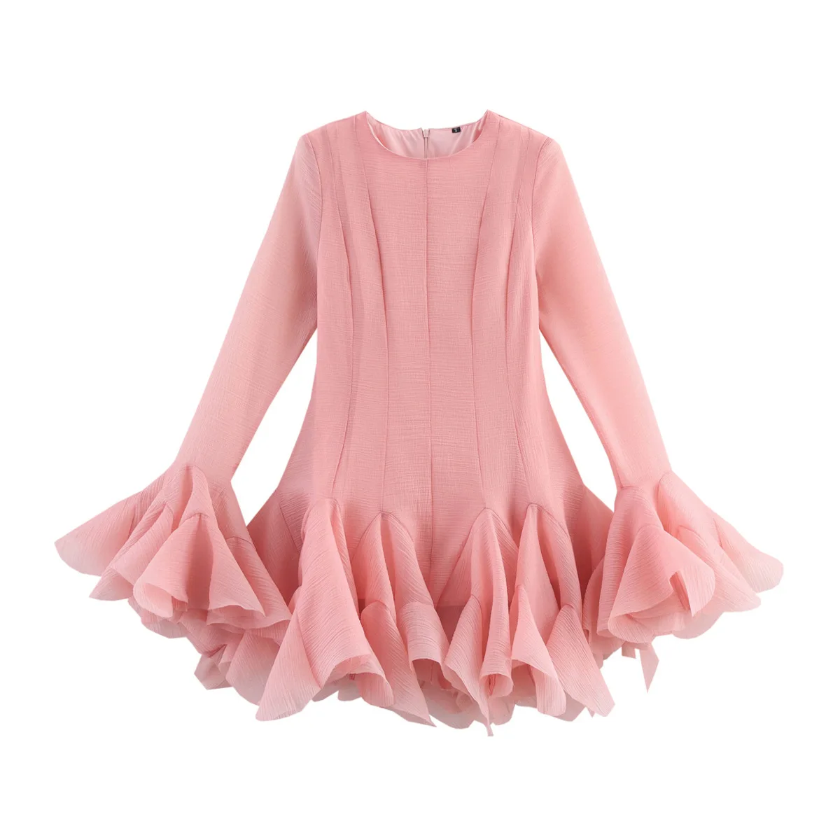 AW Women's Elegant Summer Multi-Layered Ruffled Hem Mini Dresses Lady Sweet French Style Long Flare Sleeve Slim Fit Puffy Robe