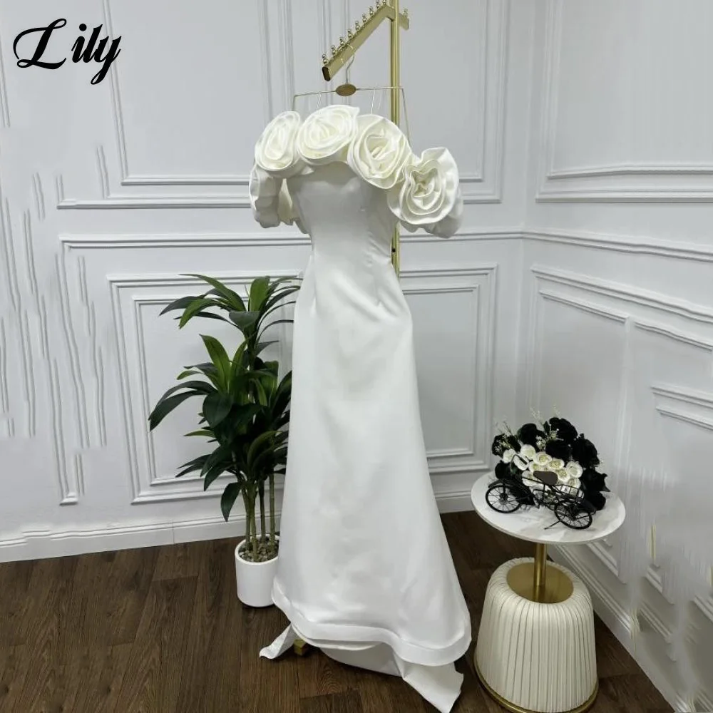 

Lily White Simple Party Dresses Floral Off Shoulder Evening Dresses with Train فساتين السهرة for Wedding Customized