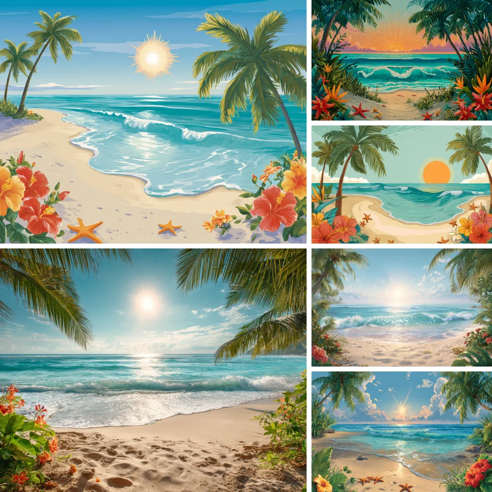 Tropical Beach Ocean Backdrop Summer Seaside Palm Tree Nature Scenery Baby Birthday Portrait Photography Background Photo Studio