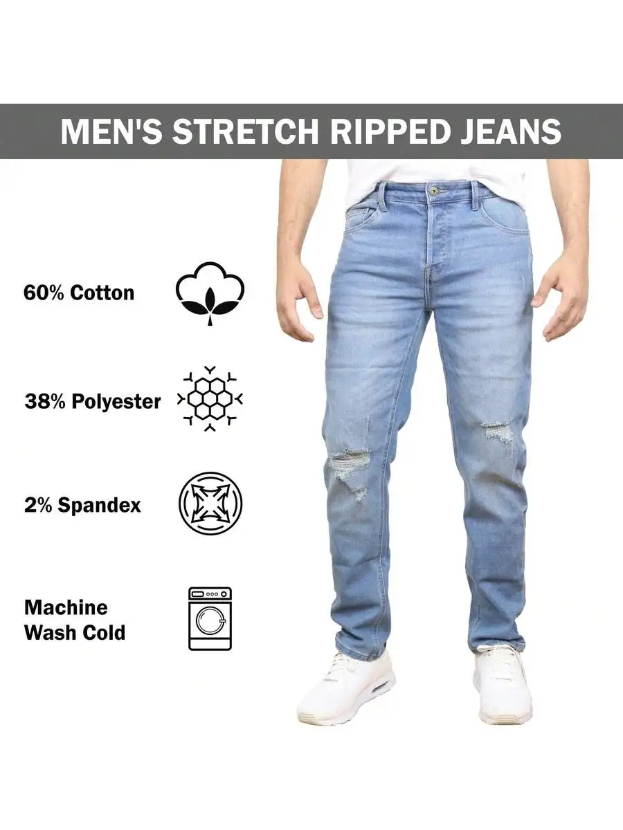 Mens Stretch Ripped Jeans 3 Pack Cotton Polyester Spandex Denim