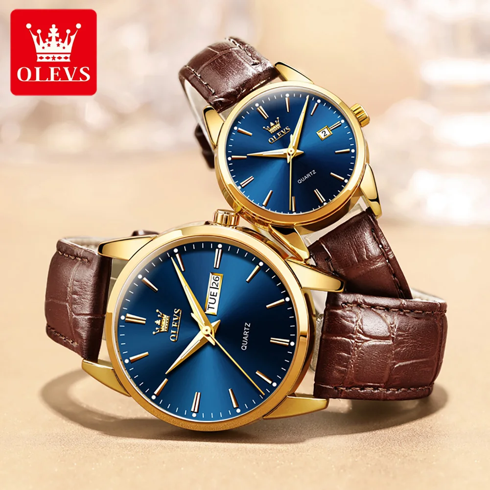 OLEVS-Casal impermeável relógios de pulso, requintado relógios Quartz, calendário luminoso, PU Strap, alta qualidade, moda, 6898