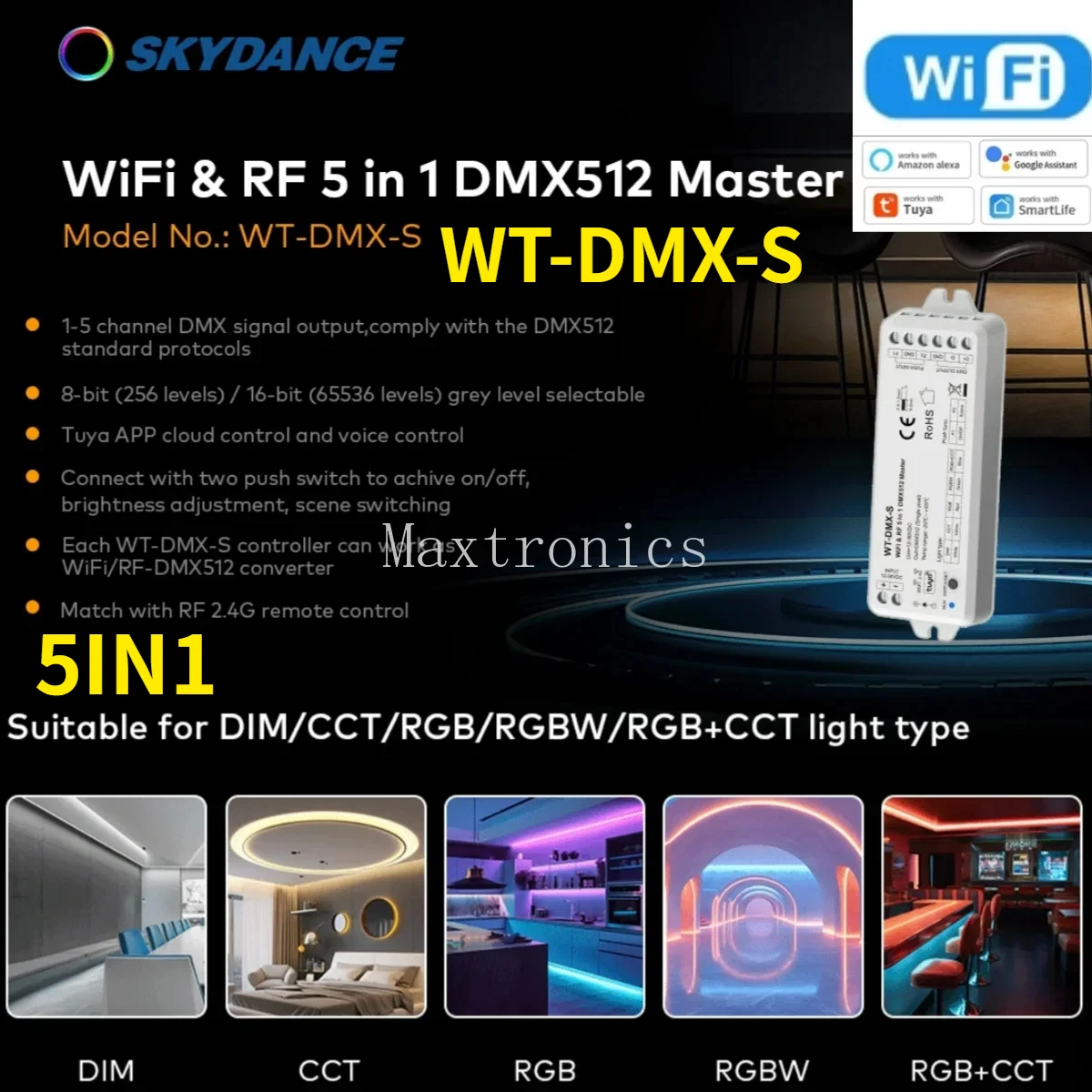 5CH 5-in-1 WiFi&RF DMX512 Master 12-36V TUYA APP Control WT-DMX-S DMX Signal Output For Single Color RGB RGB+CCT RGBW LED Light