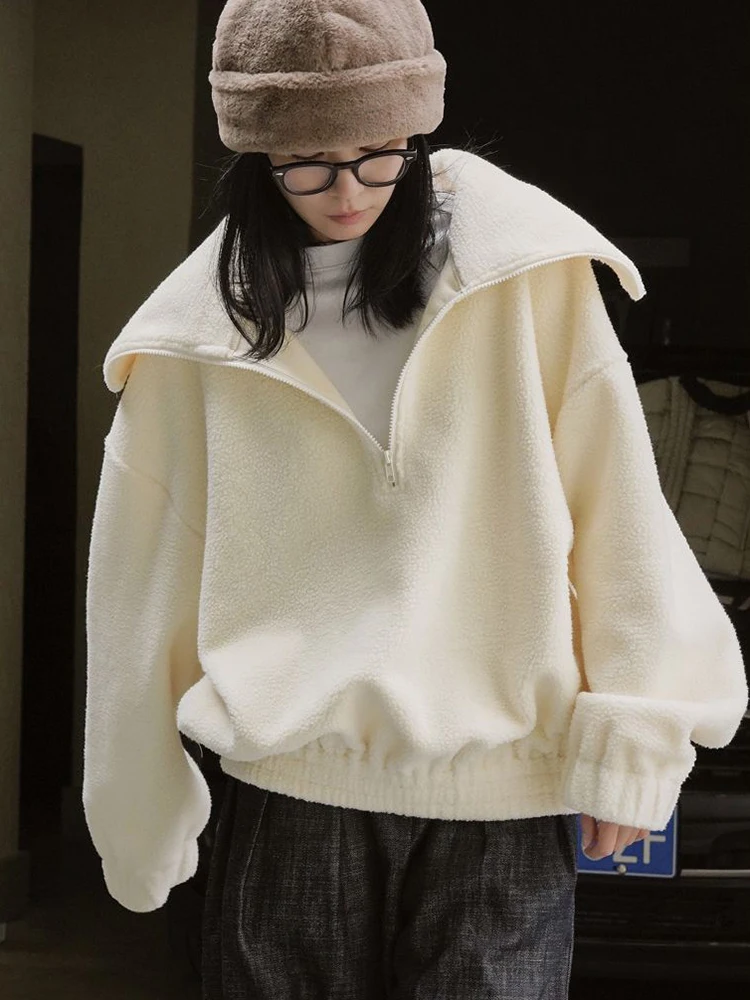 بلوزات الصوف القطبي الياباني خريف شتاء كسول الرياح المرأة البلوفرات كبيرة الحجم أنيقة نصف سستة الصلبة الدافئة فضفاضة بلايز عادية