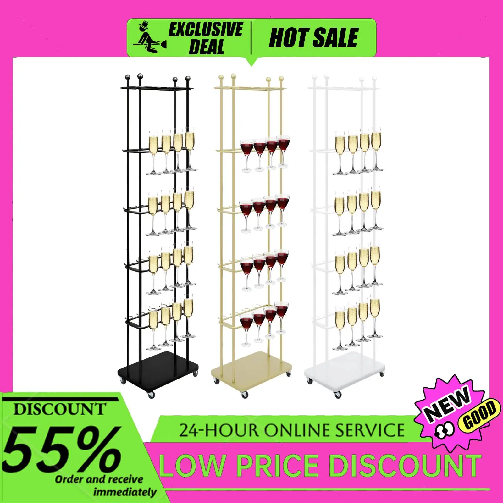

5-Tier Champagne Holder Rolling Wine Glass Stemware Rack 40-Capacity Iron Baking Paint for Party/Wedding