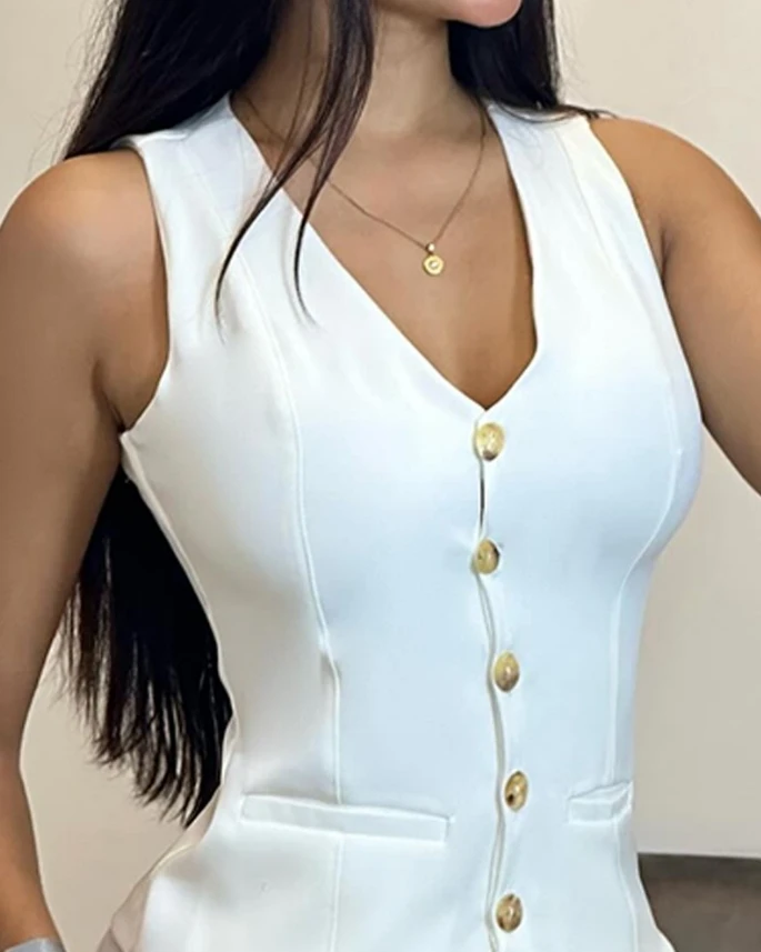 Summer SolidColor ShortsSet with Single Breasted V-Neck Sleeveless Slim Fit Vest Pocket Design High Waisted Shorts Two-Piece Set