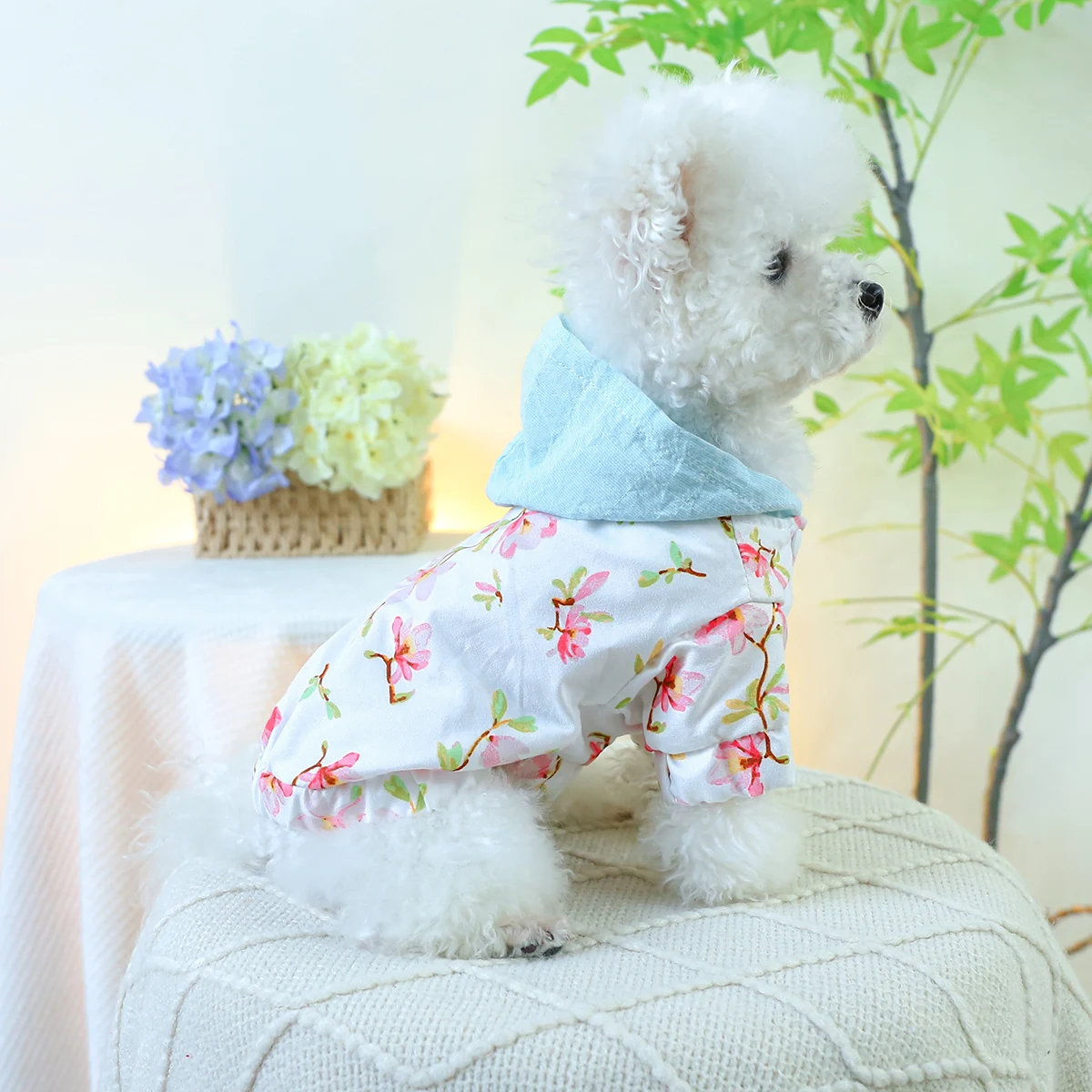 1PC Pet Clothing Cat Spring/Summer Thin Breathable Blue Hat Peach Blossom Fragmented Coat Suitable for Small and Medium Dogs