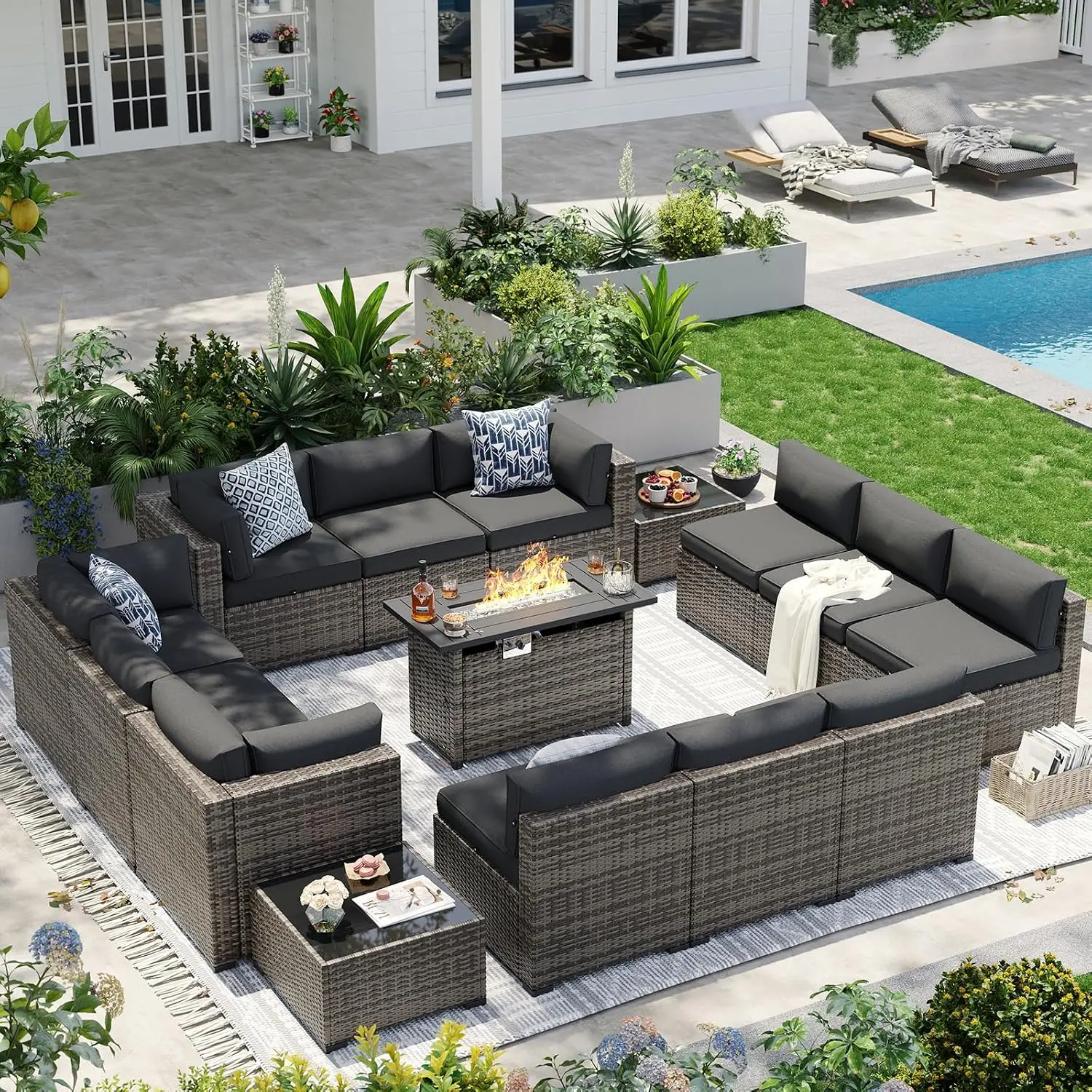 Patio Furniture Sets, 15-Piece Outdoor Patio Furniture with 44'' Propane Gas Firepit Table, Wicker Outdoor Conversation Set Sect