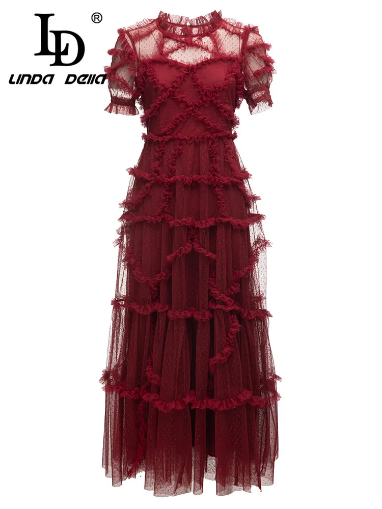 LD LINDA DELLA Summer Fashion Designer Elegant Party Dress Women's  Red  Ruffle Sleeve High waist Crumple Dot Lace Long Dress