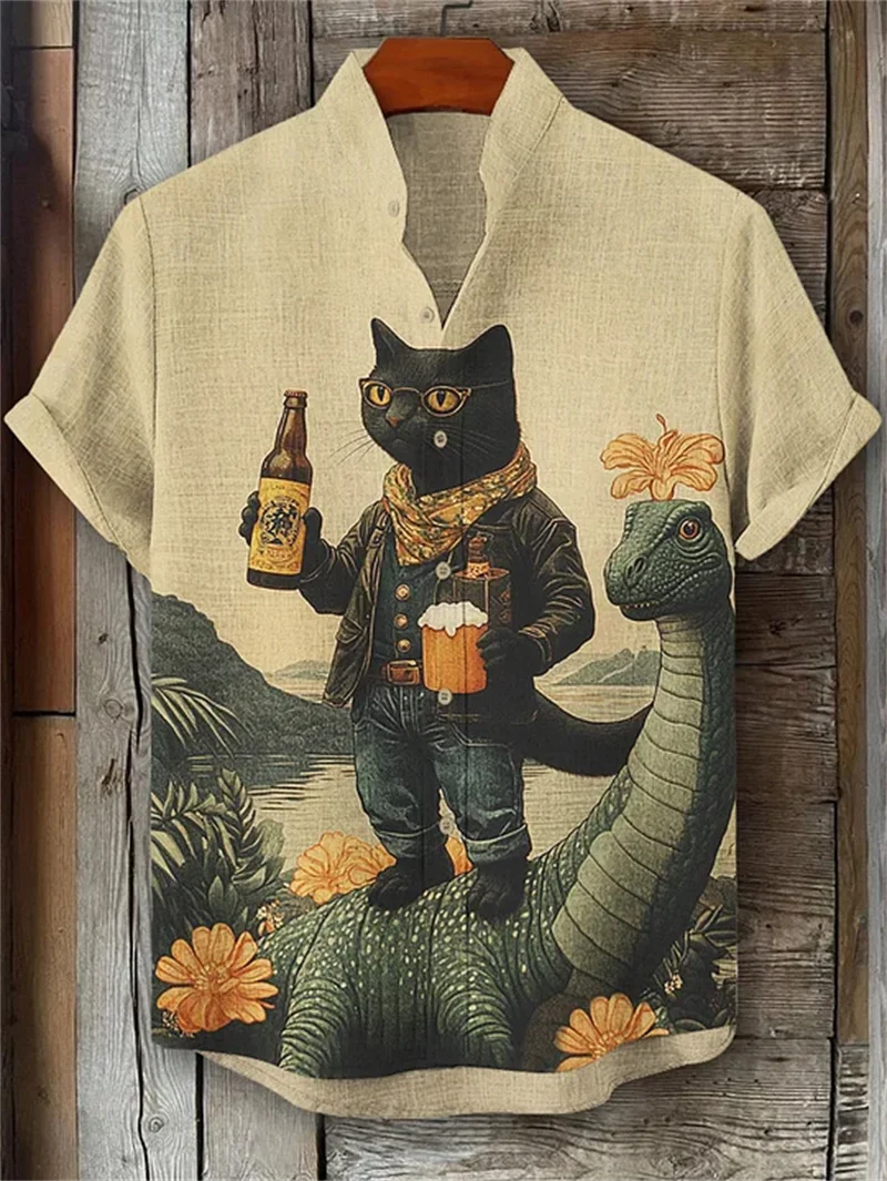 

New men's fun style linen short sleeved shirt with beige background and 3D printed cat casual top clothing
