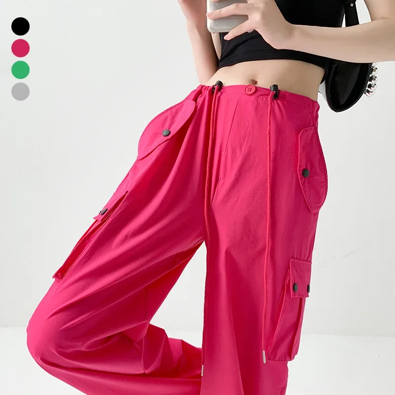 

Solid Color Casual Jogger Pants Women's High Waist Cargo Pants Large Pockets Elastic Waist Sports Pants