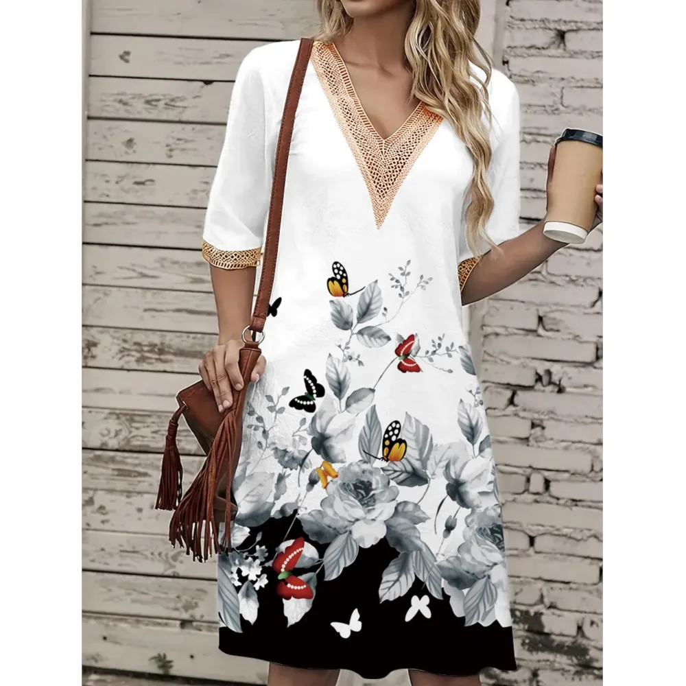 Retro Geometric Printed Lace Patchwork V-neck Pullover Dress For Women 2025 New Spring/summer Flower  Printed Dress Femme Robe