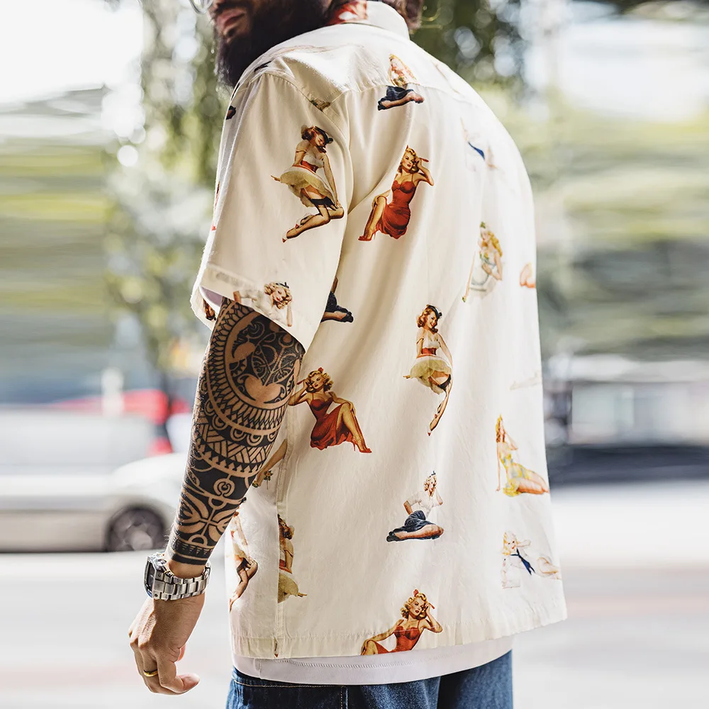 

Maden Cuban Collar Printed irt Men's ort Sve Beachwear Summer Loose Fit Regular Thin Cotton Polyester Blend