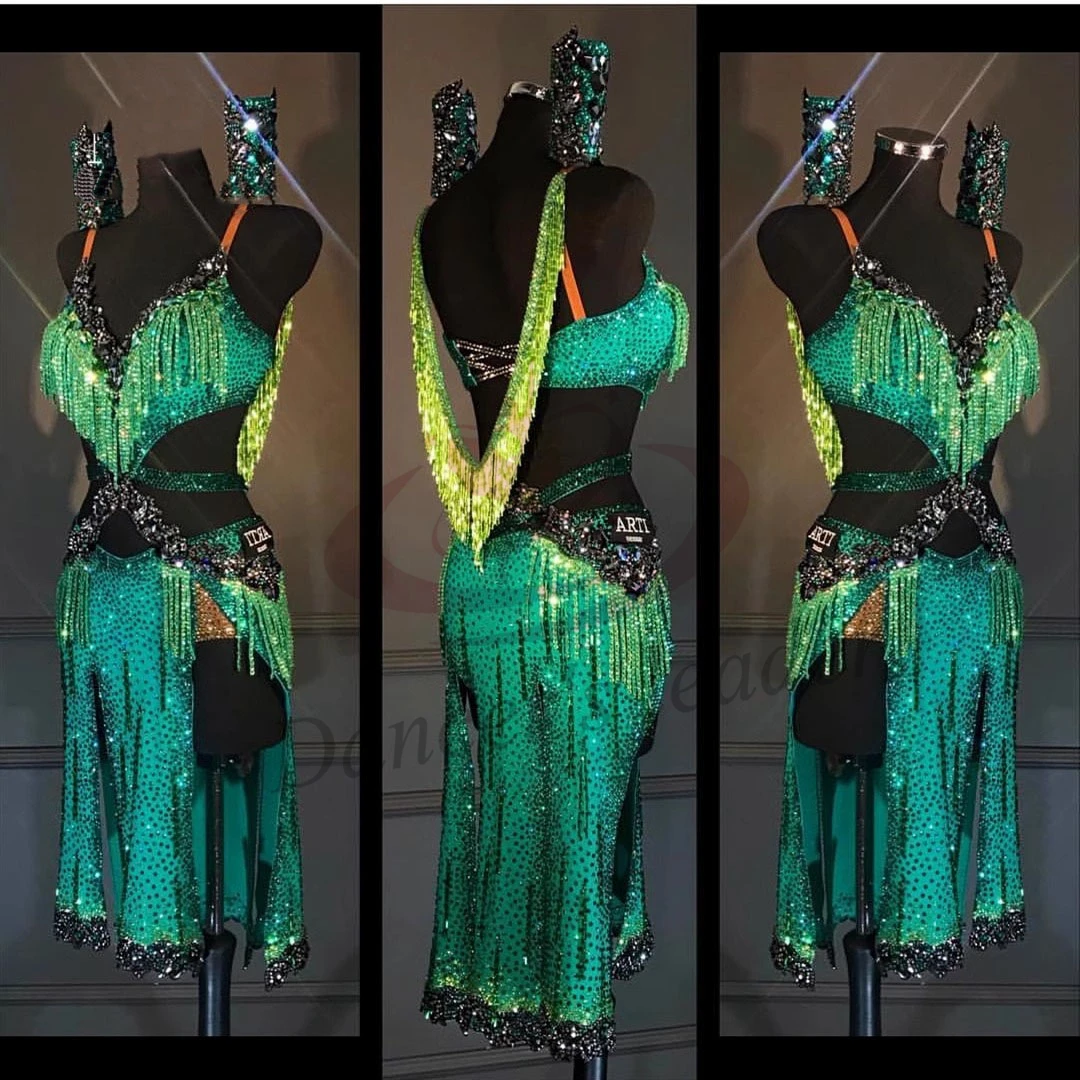 Latin Dance dress High-end Custom Green Diamond Sexy Sling Samba Tango Women Stage Professional Clothing