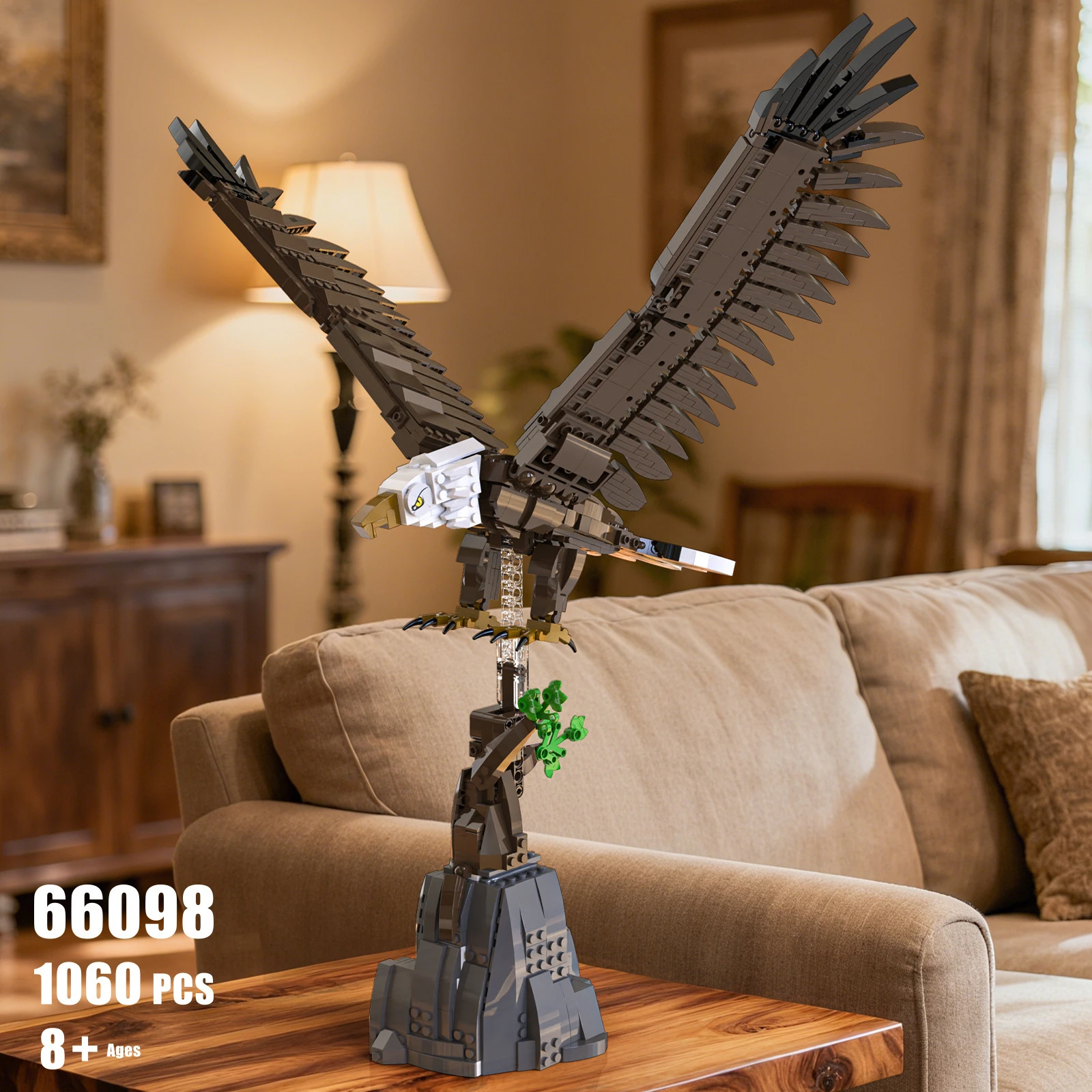 66098 White Headed Eagle Building Blocks Raptor Animal Model With Rock Base Adjustable Wing Posture Desktop Ornament DIY