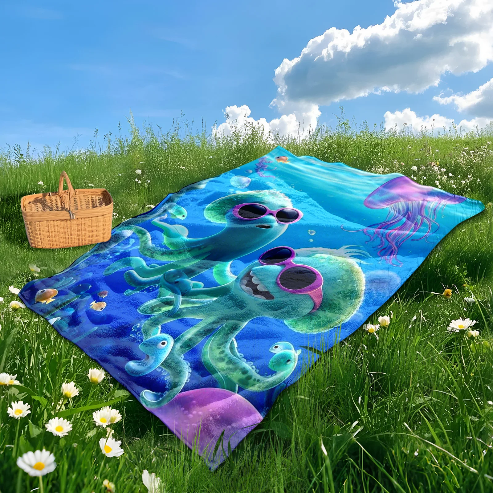 Playful Green Squid Blanket With Sunglasses And Underwater Blue Design For Ocean Themed Outdoor Adventures And Fun Camping