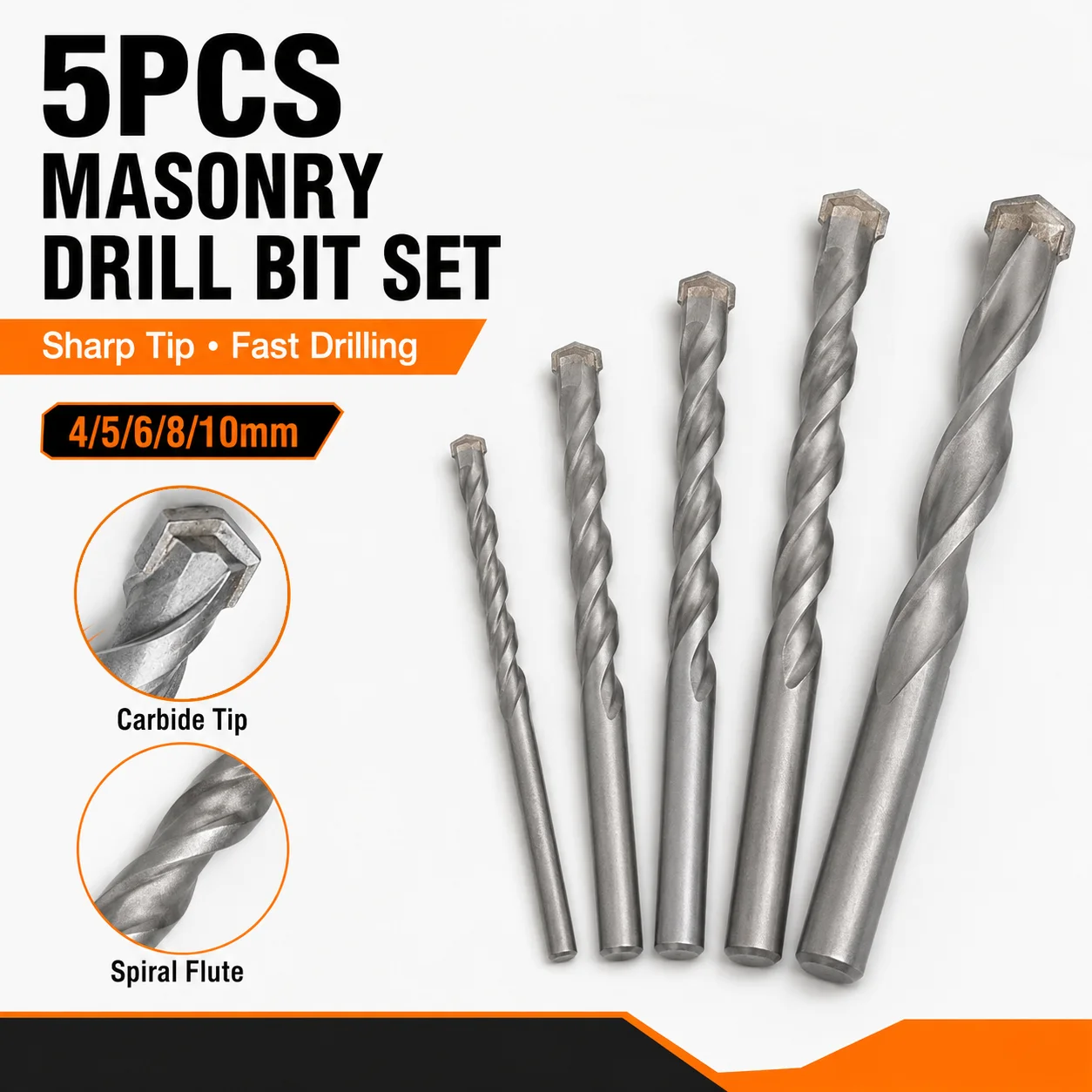 5Pcs Masonry Drill Bit Set, Carbide Tip Concrete Drill Bits 4‑10mm, Round Shank for Brick, Wall, Block Drilling