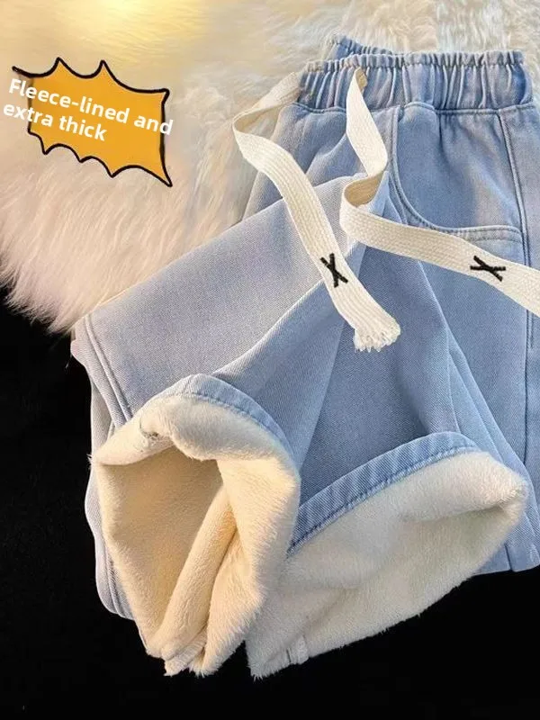 

Thiened Fce Straight Leg Jeans Men's Autumn Winter American Sle Belted Elastic Waist Wide Leg Wear Resistant Work Jeans