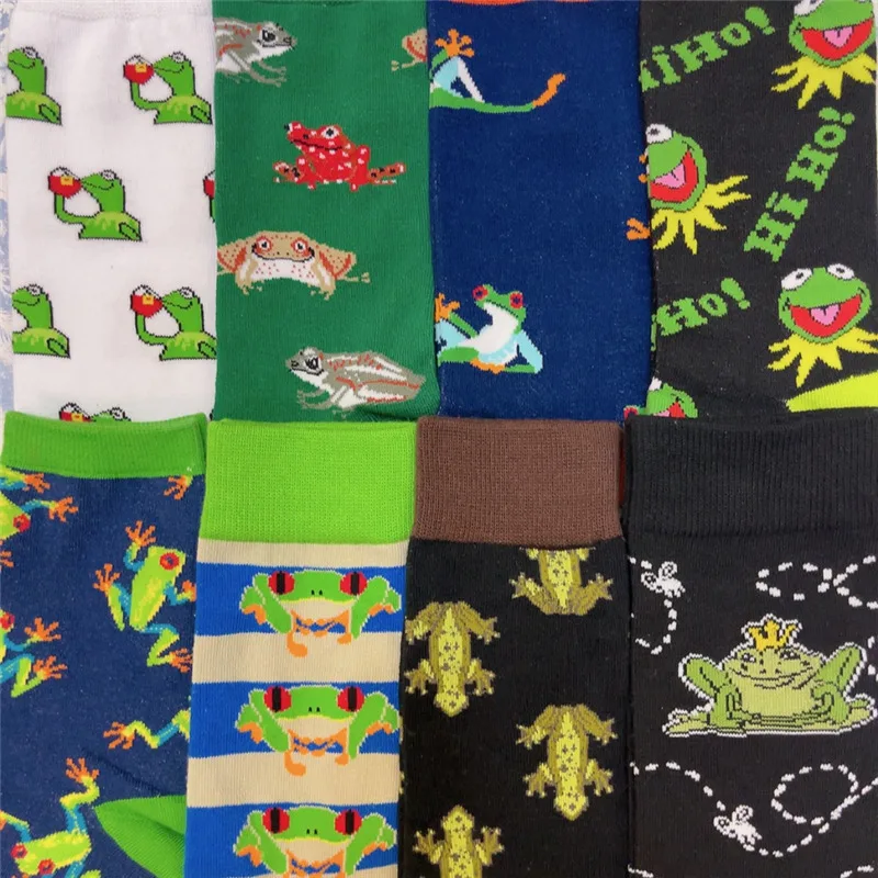 Adult Crew Unisex Cartoon Funny Socks Green Color Pond Tree Frog Prince Charming Croak Bullfrog Rana Grylio Toad Fashion Fun Sox