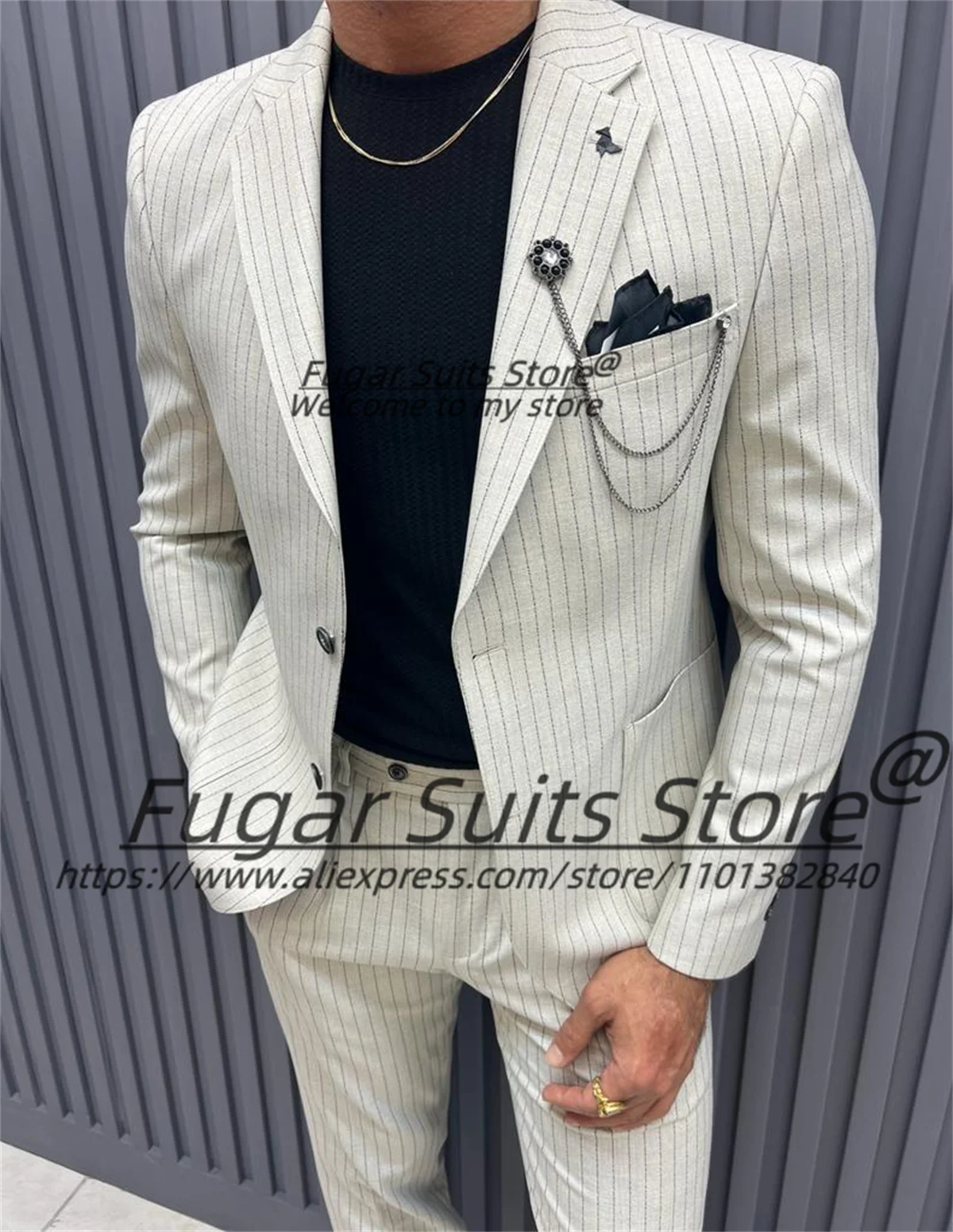 Business White Stripe Casual Men Suits Slim Fit Notched Lapel Groom Formal Tuxedos 2 Pcs Sets Elegant Male Blazer Costume Homme