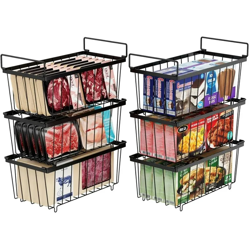

6 Pcs Freezer Organizer Bins, Stackable Chest Deep Freezer Sort Frozen, with Handles, Black