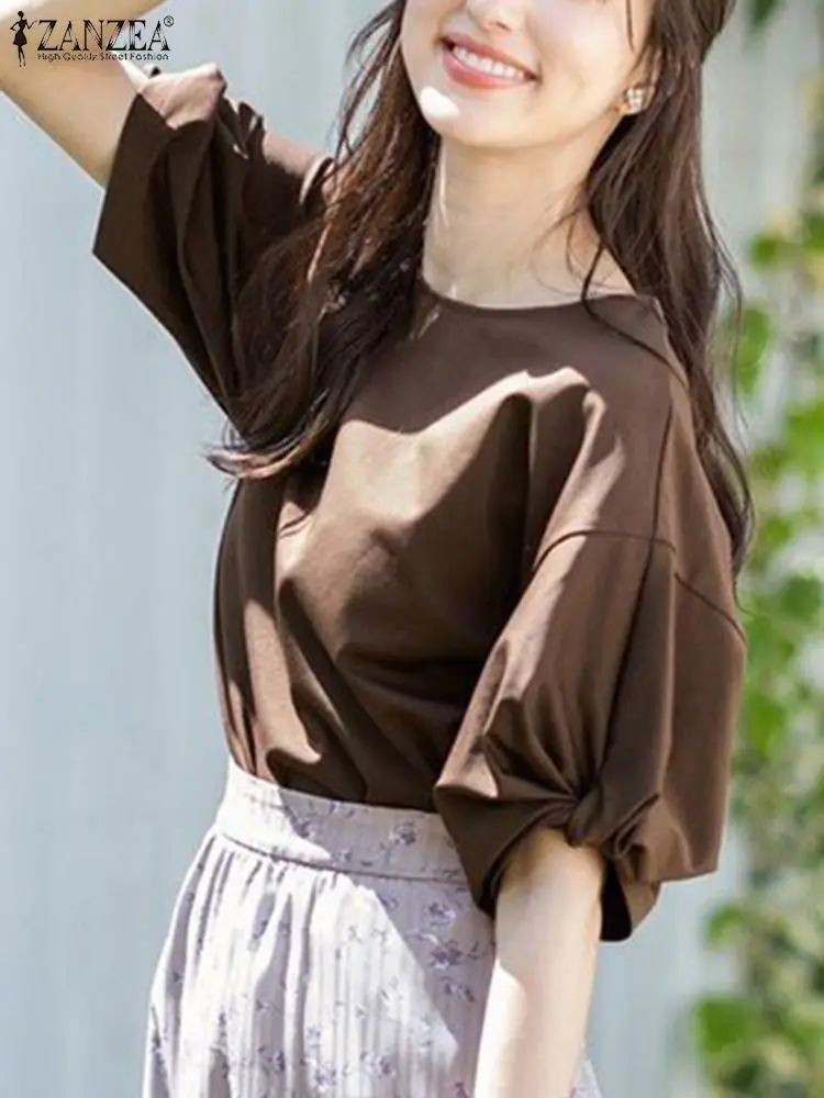 ZANZEA 2024 Summer Korean Women Tops Simple Short Sleeve Twisted Shirt Holiday O-neck Blusas Fashion Solid Color Blouse Femme