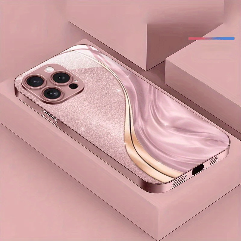 

Powder Crystal Quicksand Curve Pattern Metallic Paint Glass Phone Case For iPhone 17 16 15 14 13 12 Pro Max Plus 16E 17Air Cover