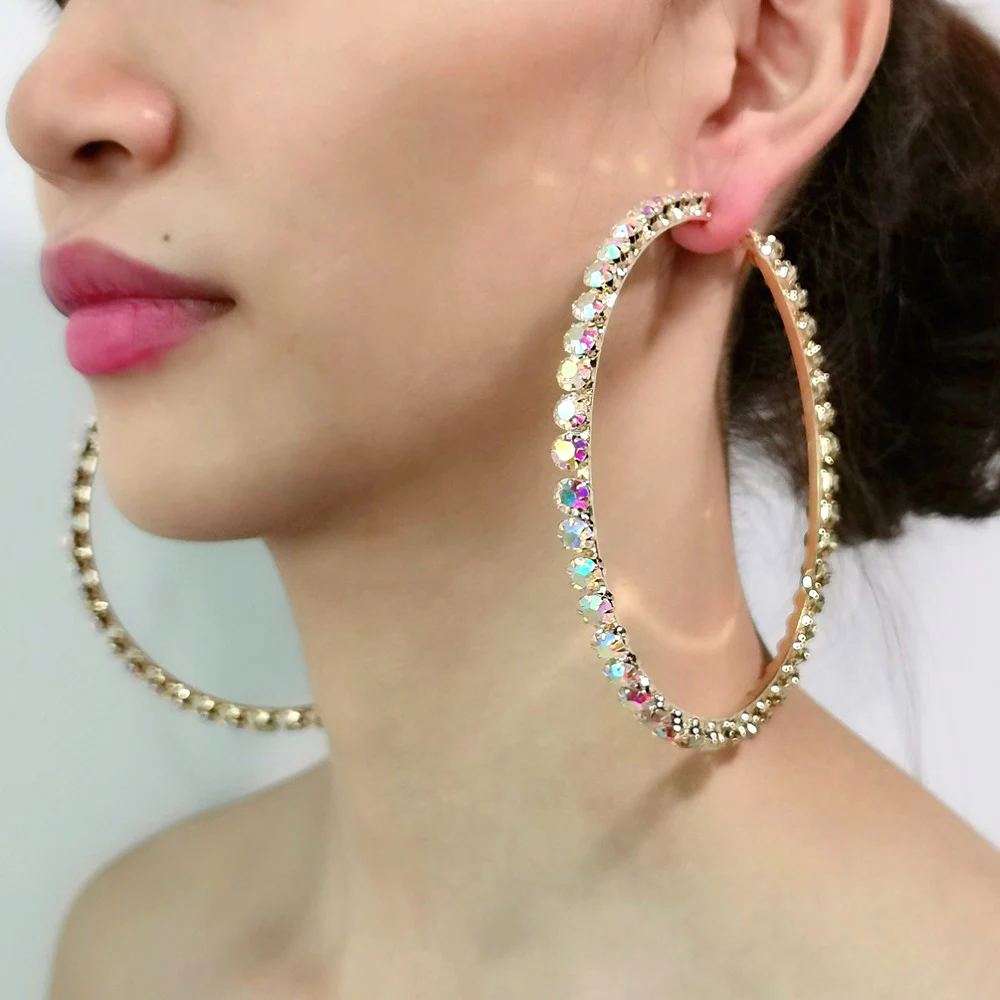 Oversize AB Rhinestones Hoop Earrings For Women Large Crystal Statement Big Earrings Brincos Luxury Wedding Jewelry MANILAI