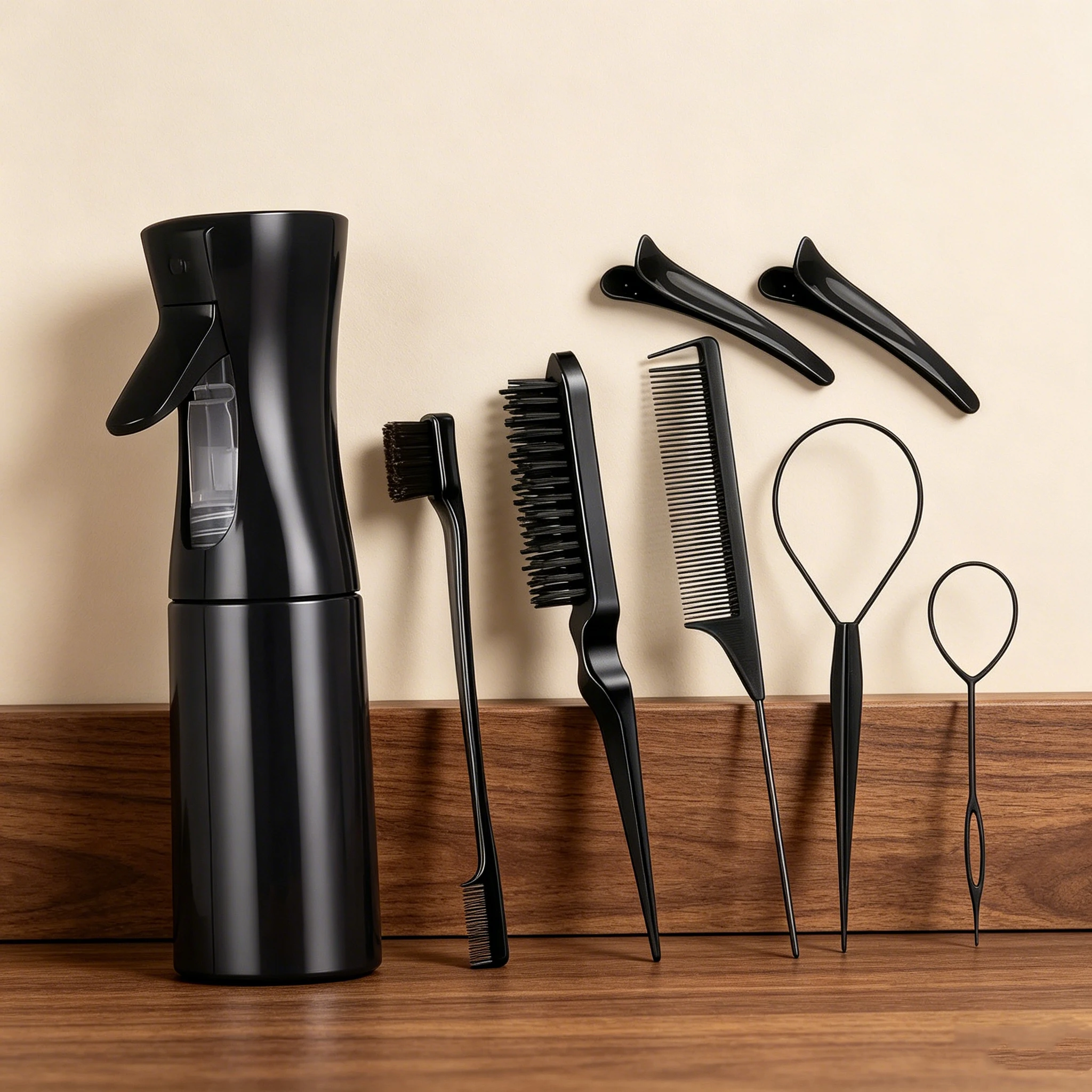 8-Piece DIY Hair Grooming Kit Continuous Spray Bottle Hair Brushes Partition Combs Ponytail Tools Daily Hair Styling Accessories