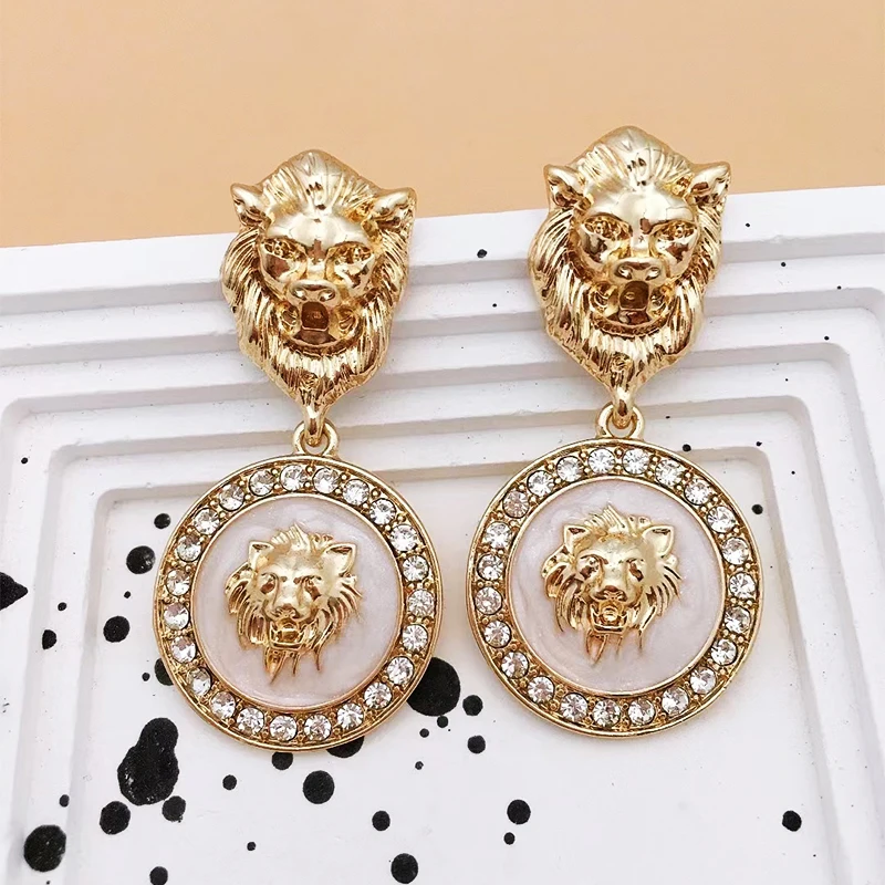 European and American Personality Lion Head Earrings Metal Geometric Exaggerated Punk Retro Female Gothic Ear Jewelry