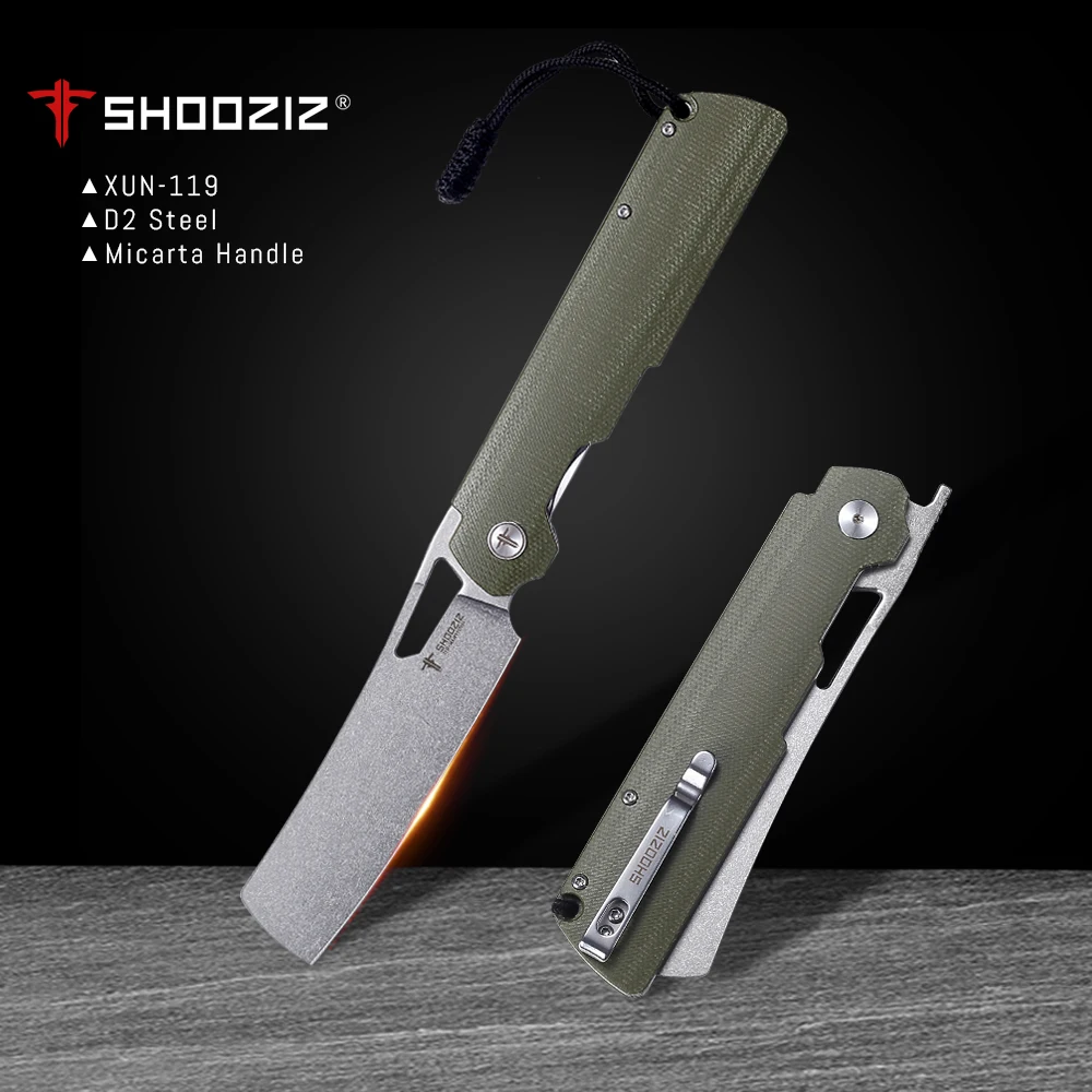 Shooziz Folding Camping Knife,Pocke knife for Man，D2 Satin/Stomewash Blade,Brass Washer for Outdoor EDC Tool,G10/Micarta Handle