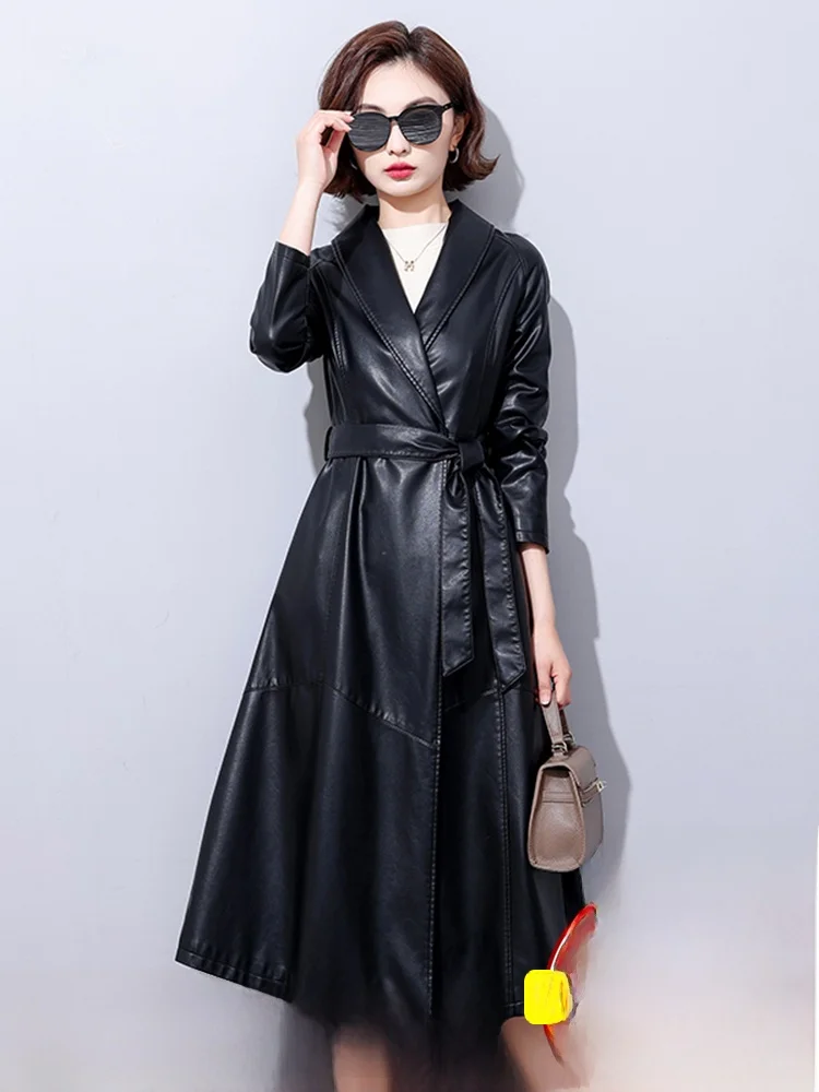 

2025 Spring Autumn Women's Mid-Length Slim-Fit Leather Coat with Belt Woolen Pockets Commute Style Regular Sleeve Long Coat