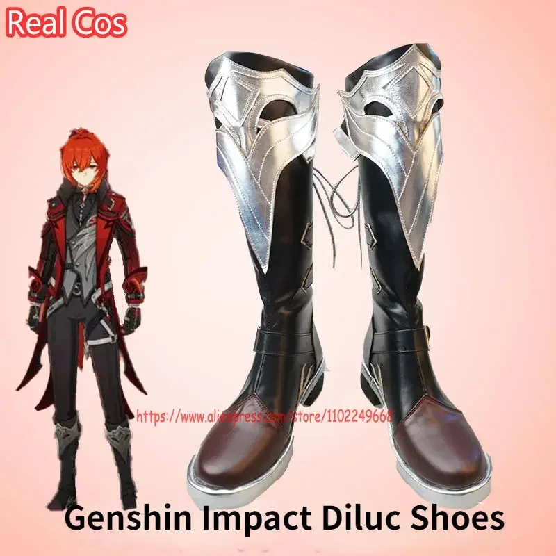 

RealCos Hot Game Genshin Impact Diluc Shoes Dark Red New Skin The Whole Night Косплей Кожаные ботинки унисекс для ролевых игр Хэллоуин